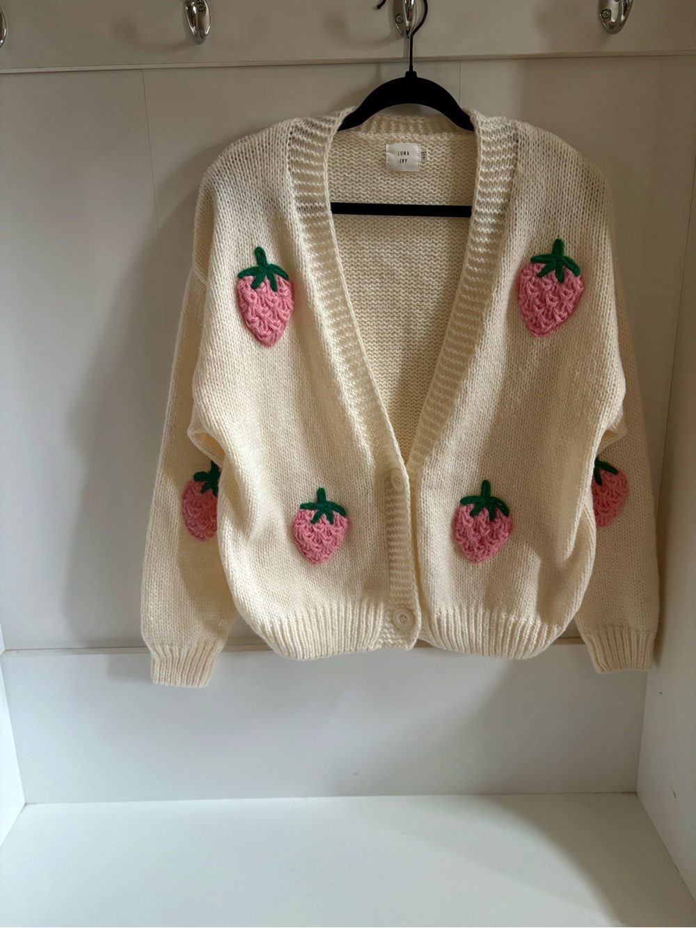 Cream Strawberry-Appliqué Button Cardigan